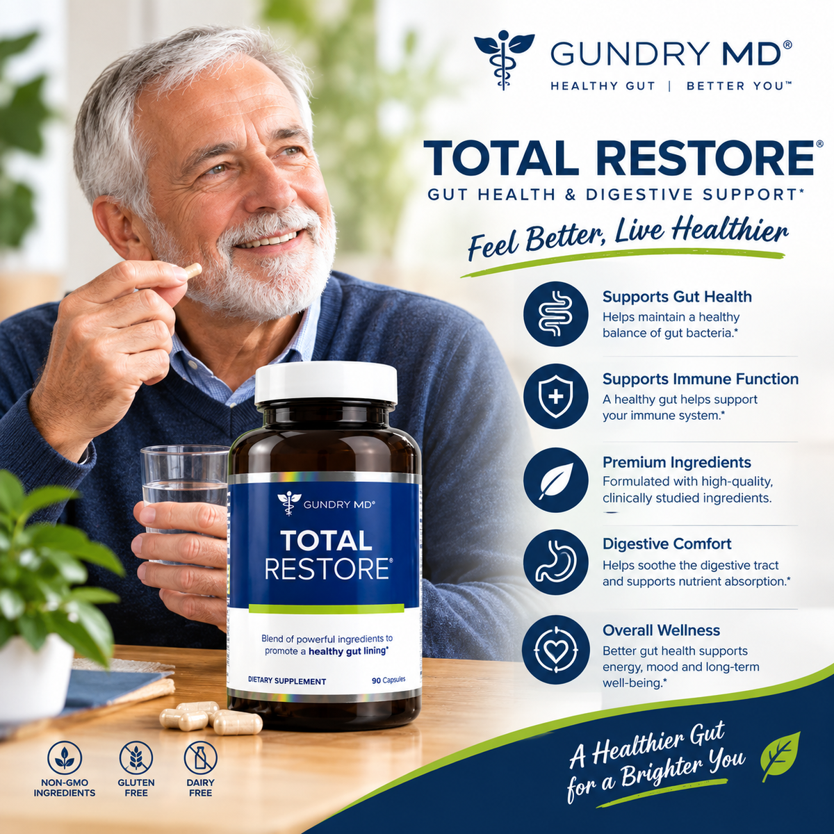 Gundry MD Total Restore Gut Health & Gut Lining Support – 90 Capsules, Pack of 2
