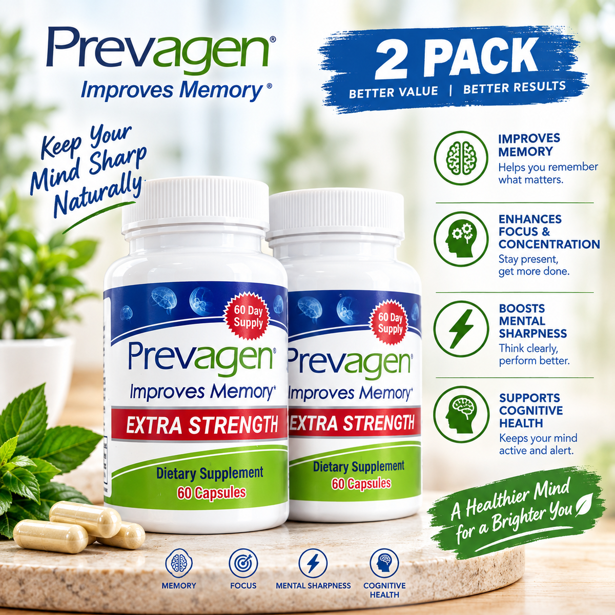 Prevagen Extra Strength 60 Capsules x2 | Apoaequorin 20mg + Vitamin D3 | Neyvos