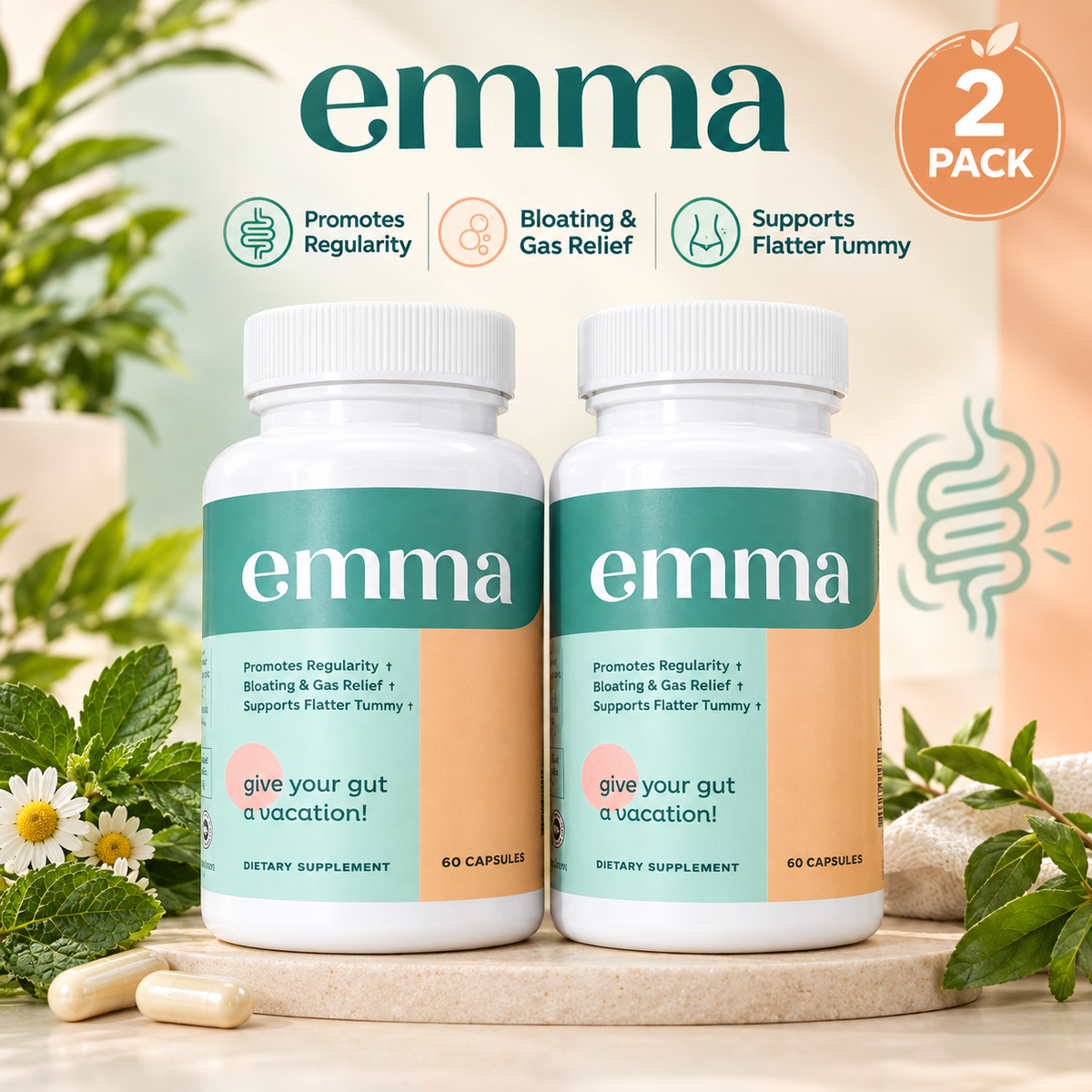 EMMA Gut Health Supplement Pack of 2 | 60 Capsules Each | Digestive Support | Neyvos