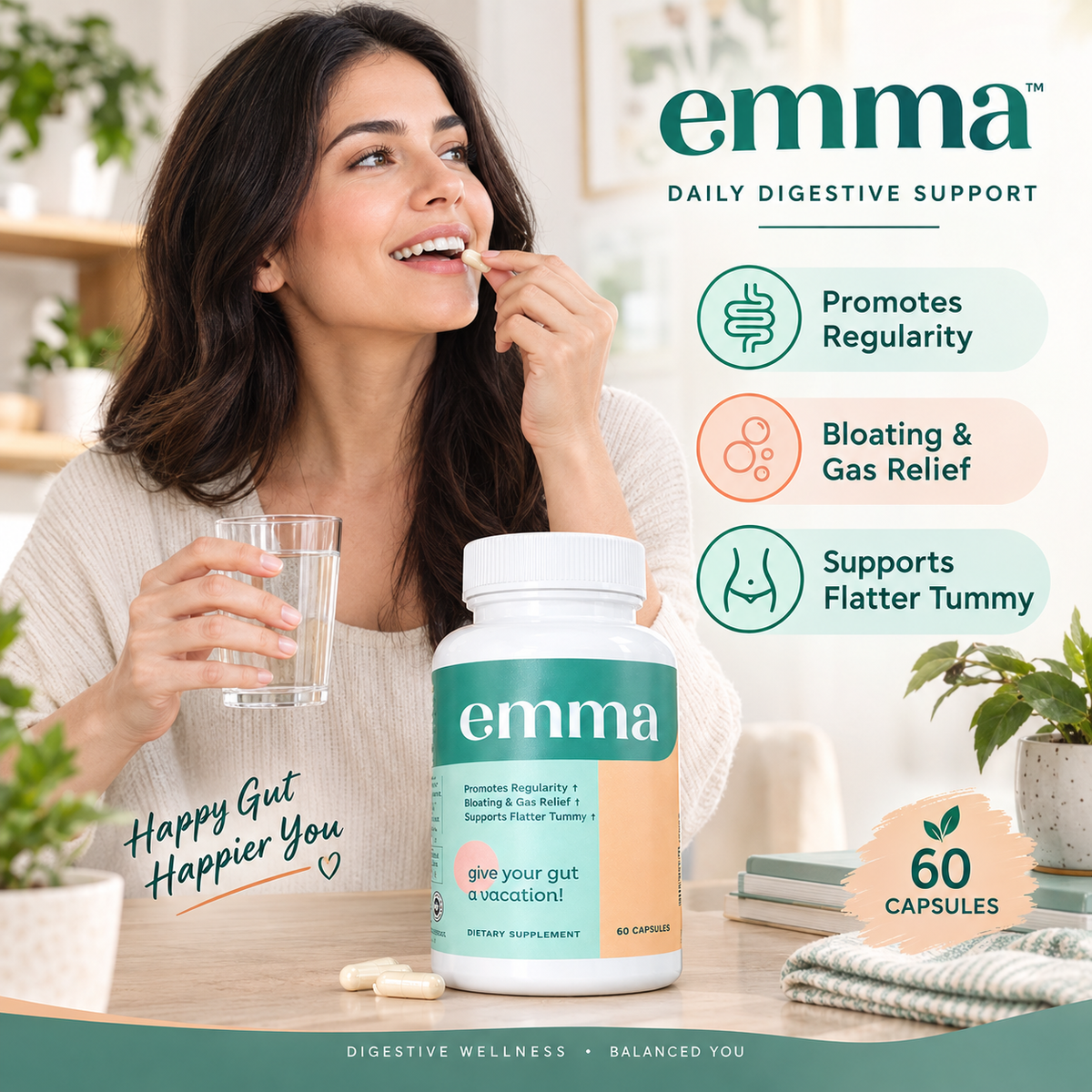 EMMA Gut Health Supplement Pack of 2 | Gas Bloating & Digestive Support | 60 Capsules