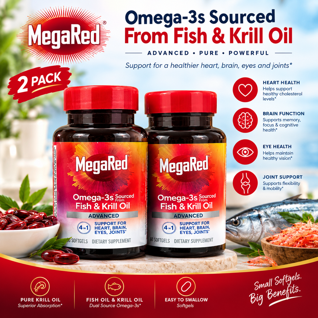 MegaRed Omega 3 Fish Oil & Antarctic Krill Oil Pack of 2 | Brain Heart Joint Support