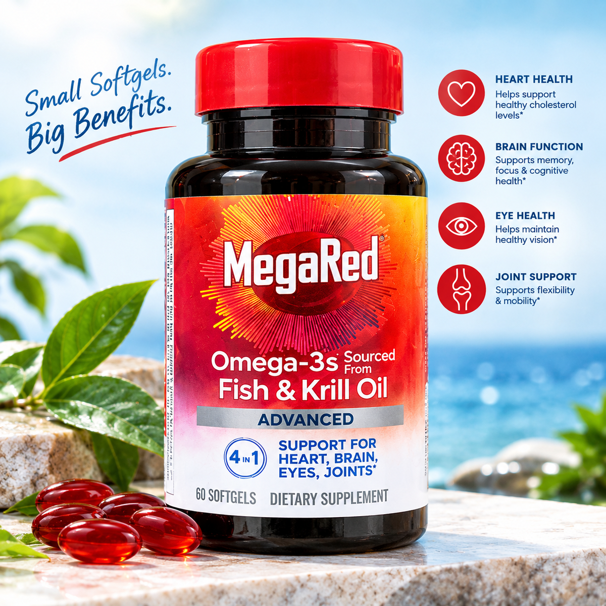 MegaRed Omega 3 Fish Oil & Antarctic Krill Oil Pack of 2 | Brain Heart Joint Support