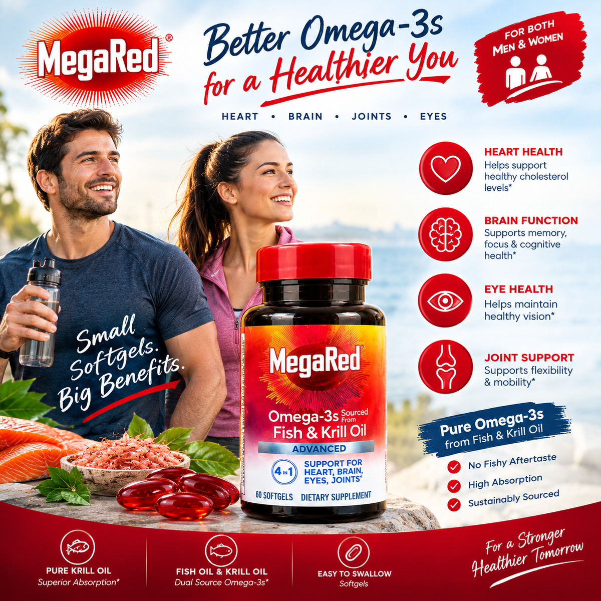 MegaRed Omega 3 Fish Oil & Antarctic Krill Oil Pack of 2 | Brain Heart Joint Support