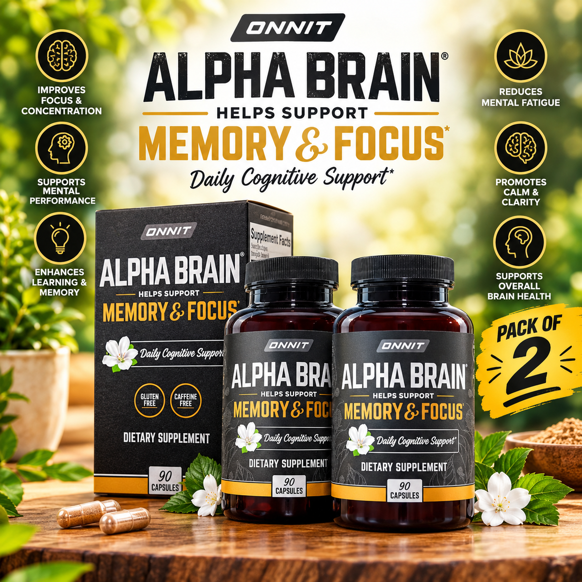 Onnit Alpha BRAIN 90 Capsules x2 | Cognitive Support Focus Nootropic | Neyvos