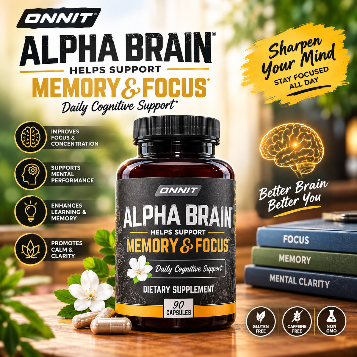 Onnit Alpha BRAIN 90 Capsules x2 | Cognitive Support Focus Nootropic | Neyvos