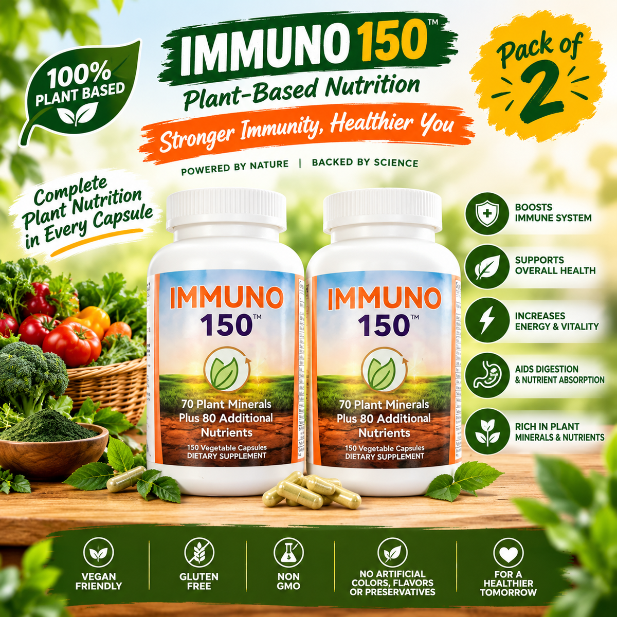 Immuno 150 Immune Support Pack of 2 | 70 Plant Minerals & 80 Nutrients | Neyvos