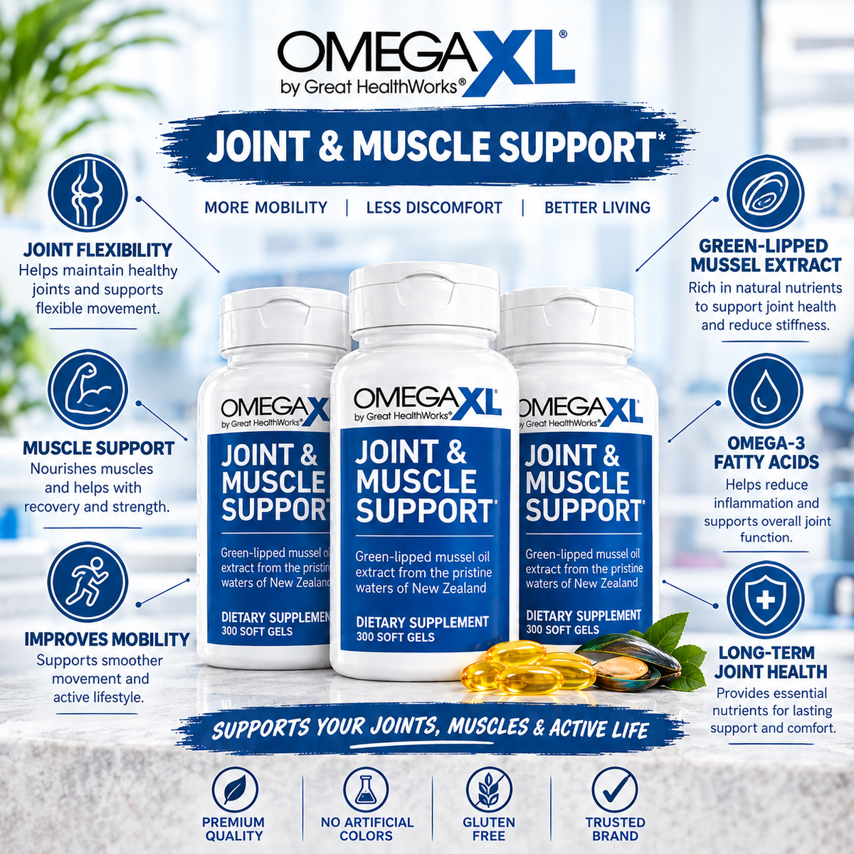 OmegaXL Joint Support Supplement 120 Soft Gels | Green-Lipped Mussel | Neyvos